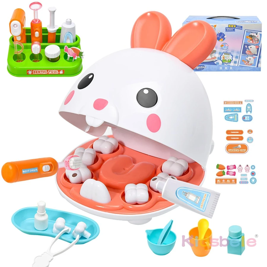 Ensemble de jouets de dentiste lapin – Jeu de dents pour enfants avec outils dentaires, cadeau éducatif pour jeu de simulation, jeu de rôle amusant pour les tout-petits