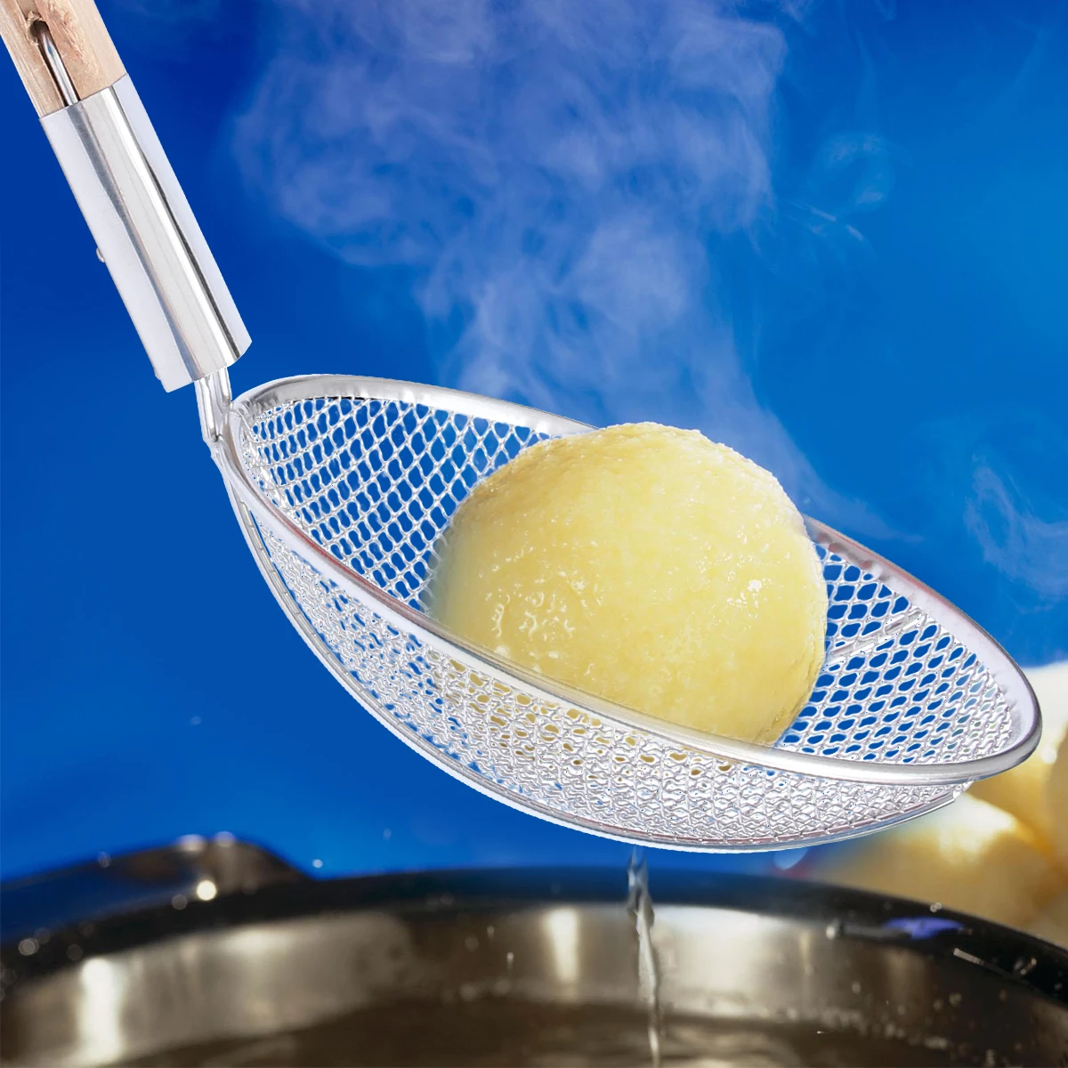 

Stainless Steel Strainer Thicken Wooden Handle Skimmer Ladle 24cm Diameter Eco-Friendly Anti-Rust Safe Reliable Home Kitchen