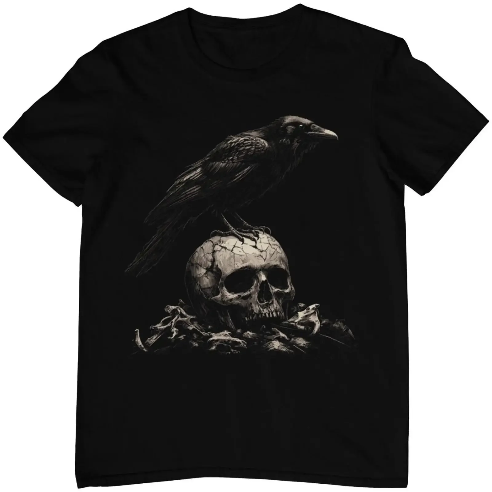 Gothic Raven Perched On Skull T Shirt Vintage Dark Art Occult Grunge Ravencore Aesthetic Pagan Goth Horror Witchcraft Top
