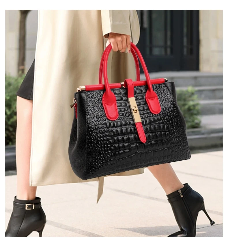 2024 New women's leather bag, large capacity color blocking design handbag with crocodile pattern printed on the surface