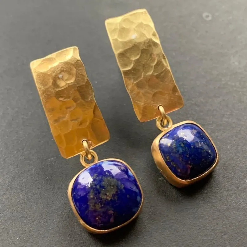 Boho Lapis Lazuli Square Shape Drop Dangle Earrings Retro Style Golden Women's Jewelry