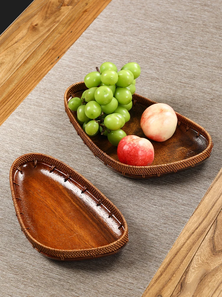 

Rattan walnut tea tray home living room desktop solid wood fruit basket dry fruit tray dessert basket rectangular tray