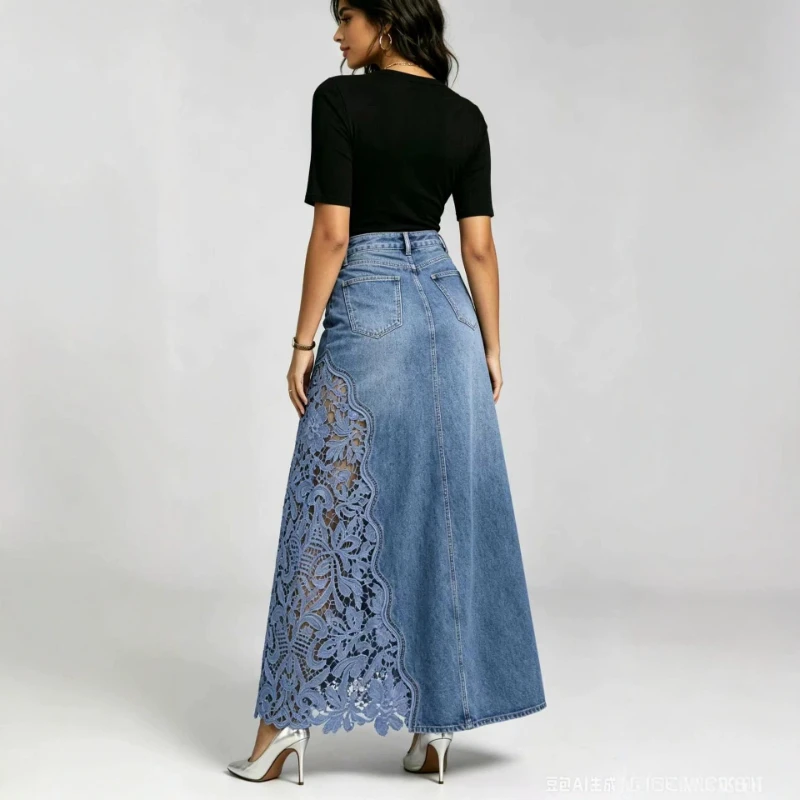 Denim Skirts Women Mid Length Skirt A Line High Waist Slim Fit Hip Wrap Button Lace Floral Elegant Y2k Streetwear Work 2026