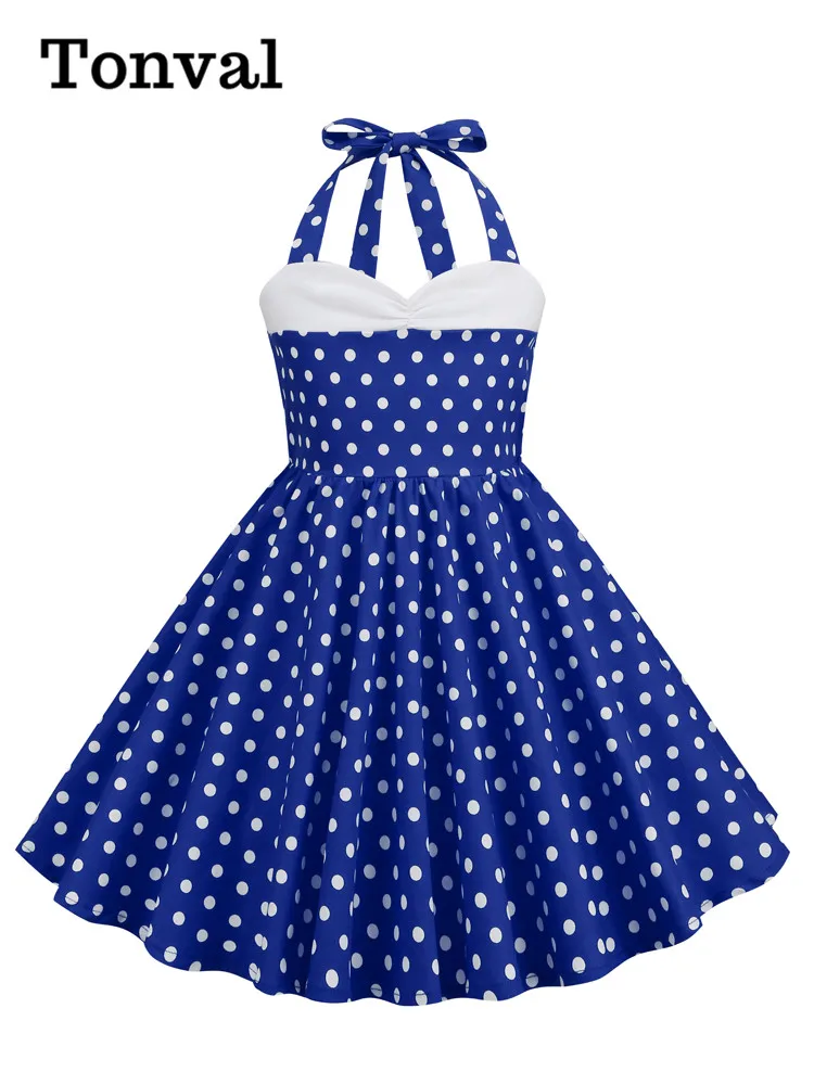 Tonval Sweetheart Neck Halter Fit and Flare Party Girls Clothes Summer Polka Dot Pleated Daughter Vintage Dress for Kids