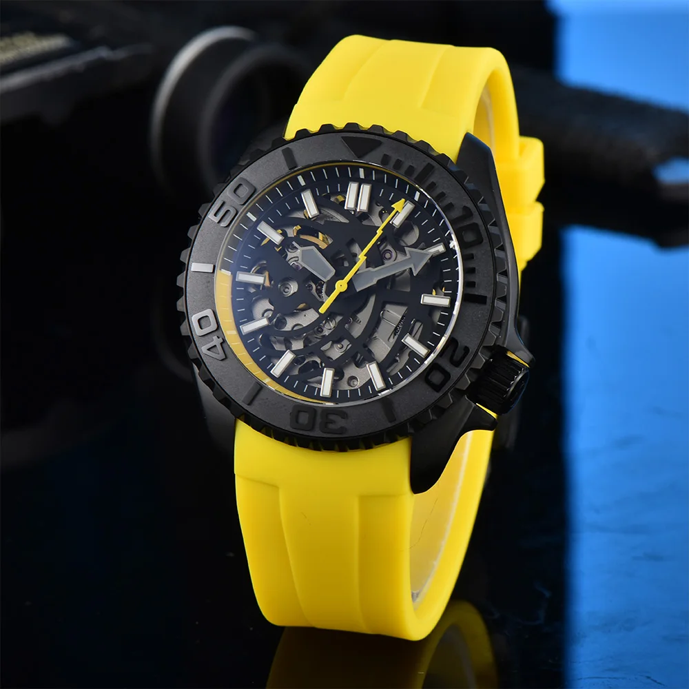 Men\'s New Cool Watch, NH70 Skeleton Dial, Black Business Waterproof Case, Yellow Strap, Automatic Mechanical Watch