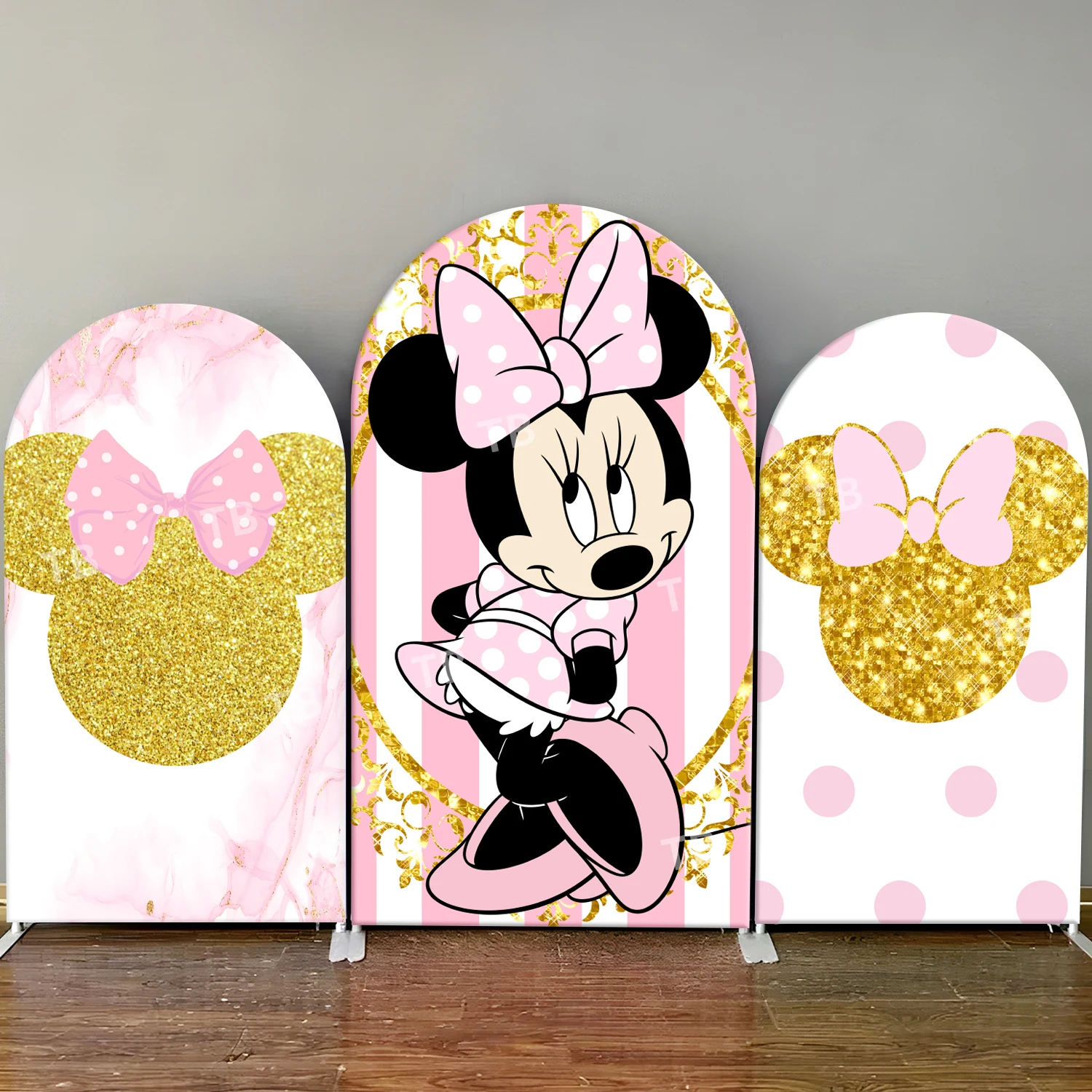 

TB Minnie Mouse Arch Backdrop Cover Gold Glitter Pink for Girls Birthday Party Decor Baby Shower Photography Background Wall