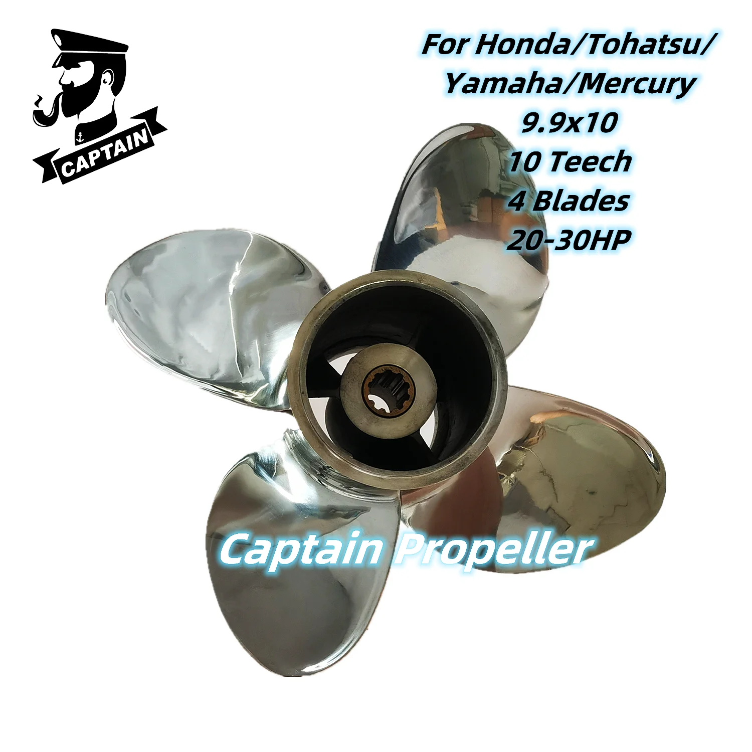 Captain Boat Propeller 9.9x10 Fit Honda/Tohatsu/Yamaha/Mercury Outboard Engines 25 30 HP Stainless Steel 4 Blade 10 Tooth Spline