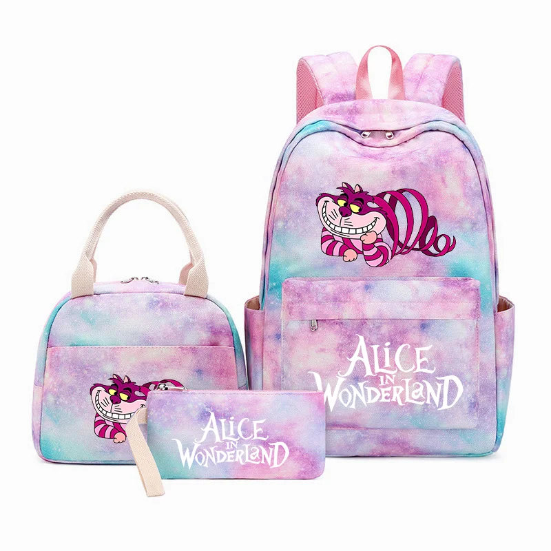 

3Pcs/Set Alice in Wonderland Student Teenager Backpacks with Lunch Bag Colorful Travel Bag Boys Girls School bags Mochilas Sets