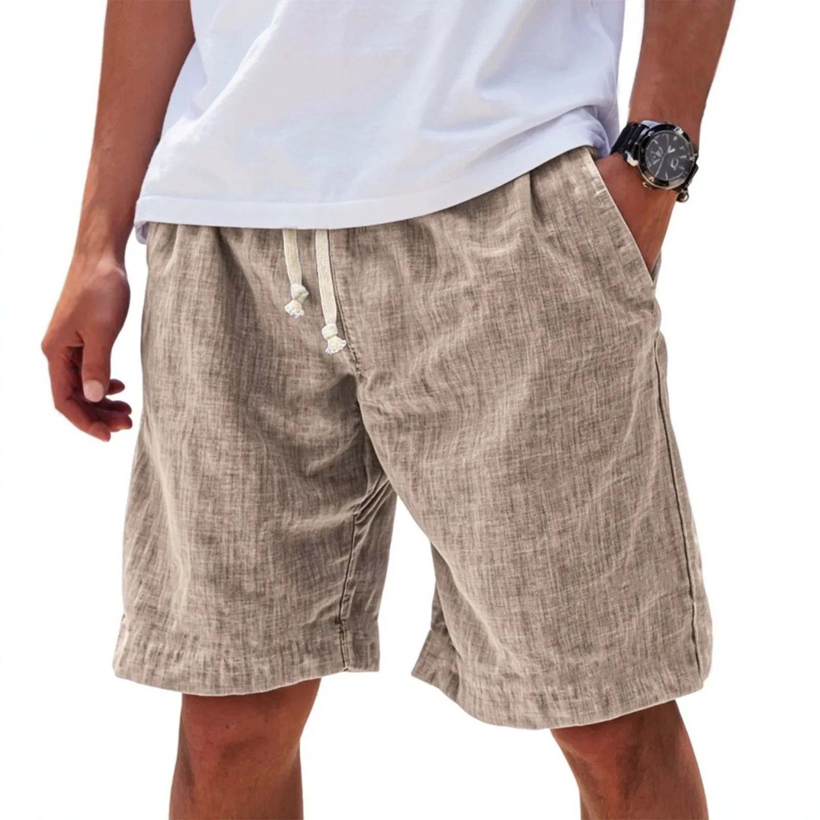 Men's Casual Sports Shorts Imitation Linen Five Quarter Drawstring Comfortable Fit Breathable for Daily Wear