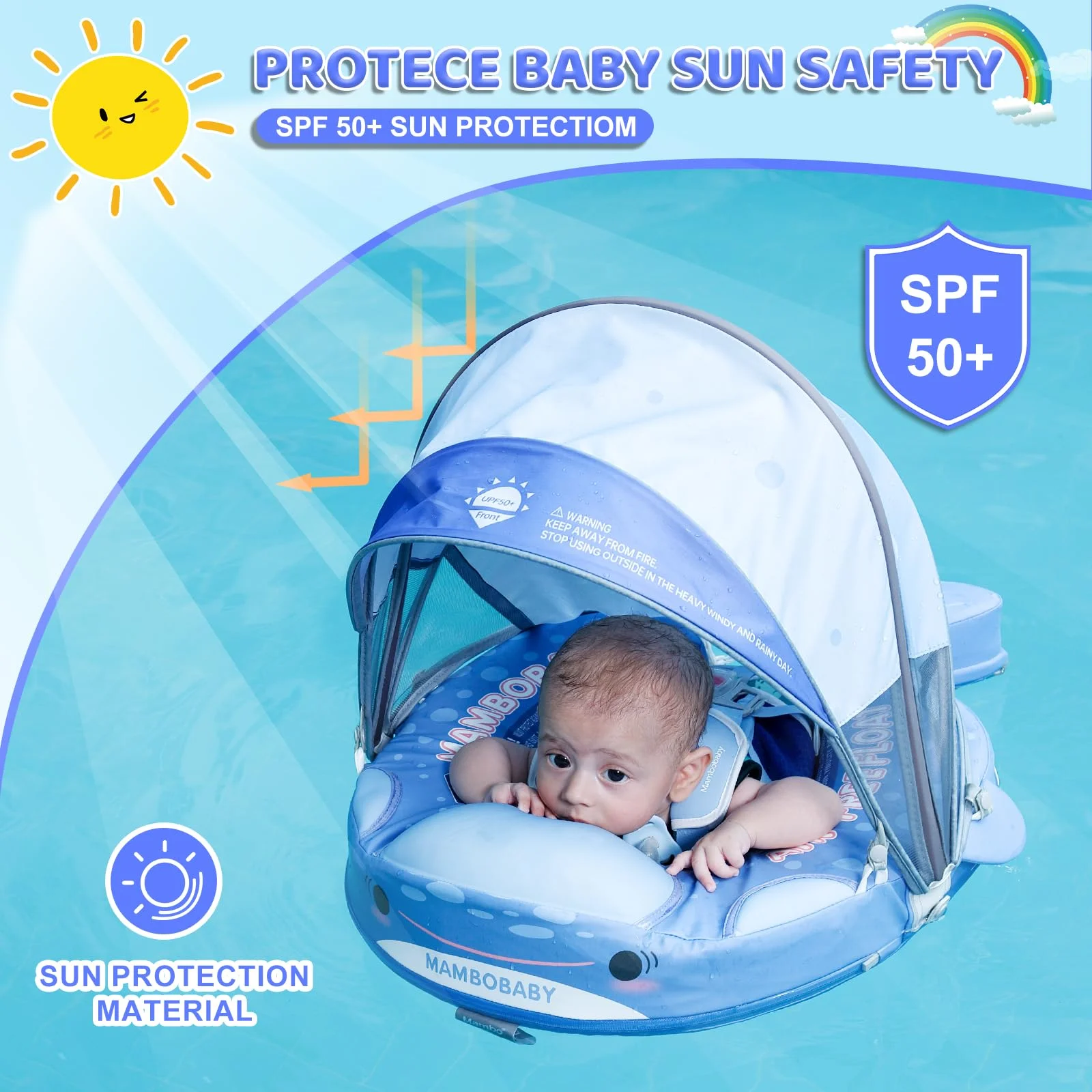 Mambobaby Float Swimming Trainer Safe Air-Free Core Canopy with Sunshade Baby Swimming Ring Toddler Pool Float Infant Fiber Ring view 5