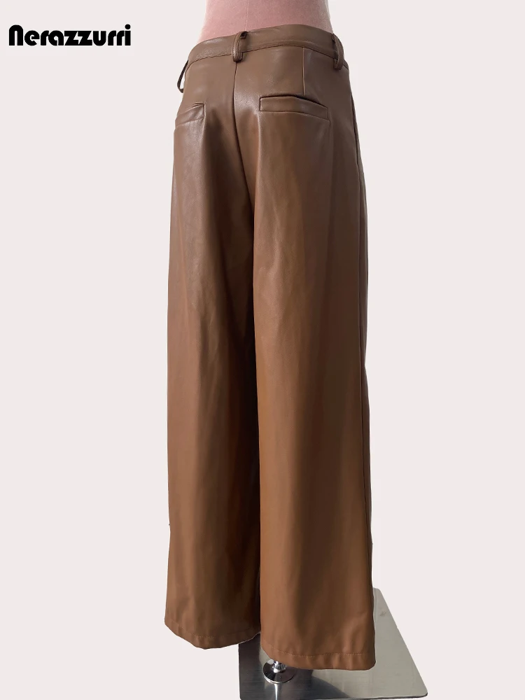 nerazzurri Spring Autumn Long Waterproof Brown Soft Pu Leather Straight Pants for Women High Waist Loose Casual Korean Fashion