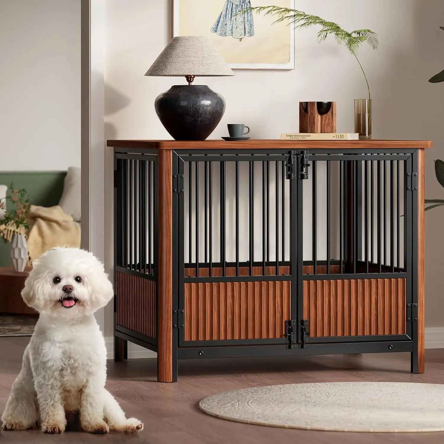 أثاث على شكل صندوق كلب مخدد مقاس 32 بوصة مع 3 أبواب، طاولة نهاية صندوق كلب مزخرفة داخلية حديثة، قفص بيت كلب خشبي للأطفال الصغار