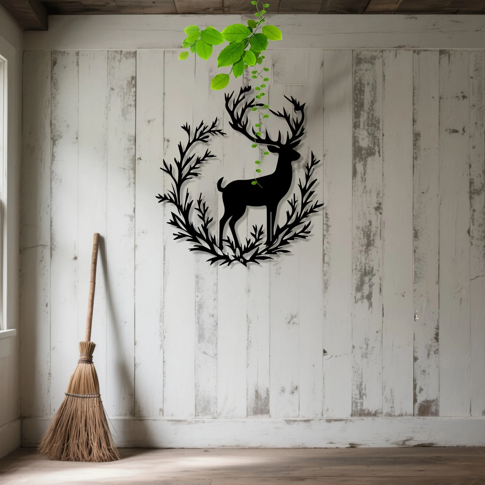 1pc Vintage Deer Silhouette Metal Wall Art with Wreath, Weather-Resistant Rustic Decor, Christmas Ornament for Cabin, Gift