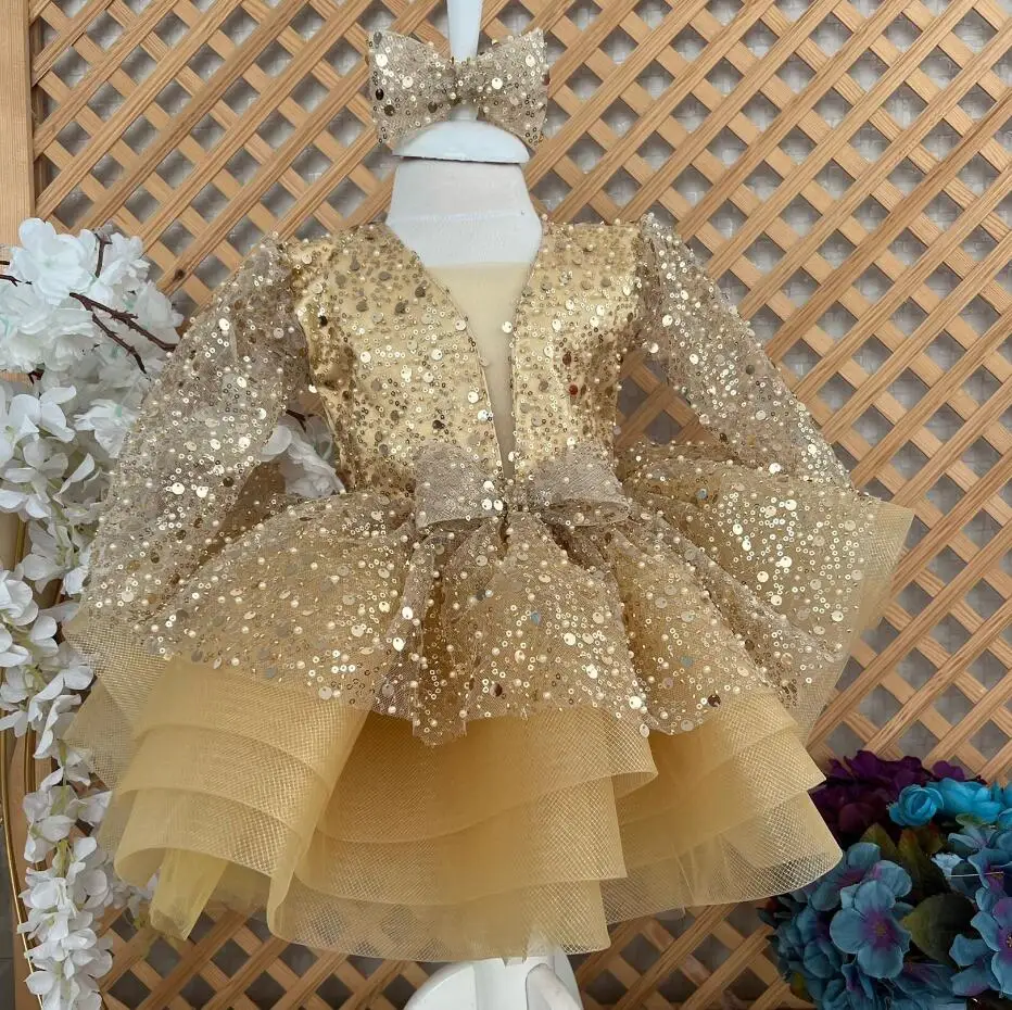 Long Sleeves Gold Flower Girls Dresses with Full Sleeve Kid Birthday Prom Pageant Gown Princess Party Dress 12M 24M Ceremony