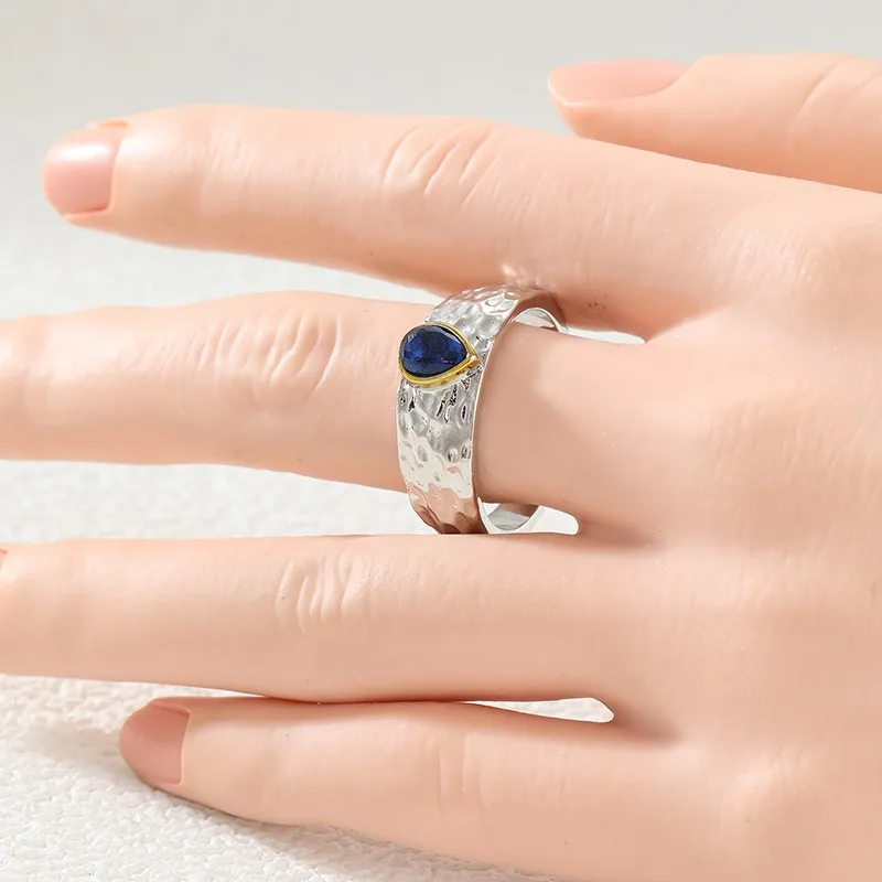 Vintage Inlaid Blue CZ Women's Ring Trendy Two Color Hand Carving Daily Wear Party Jewelry Anniversary Giftary Gift