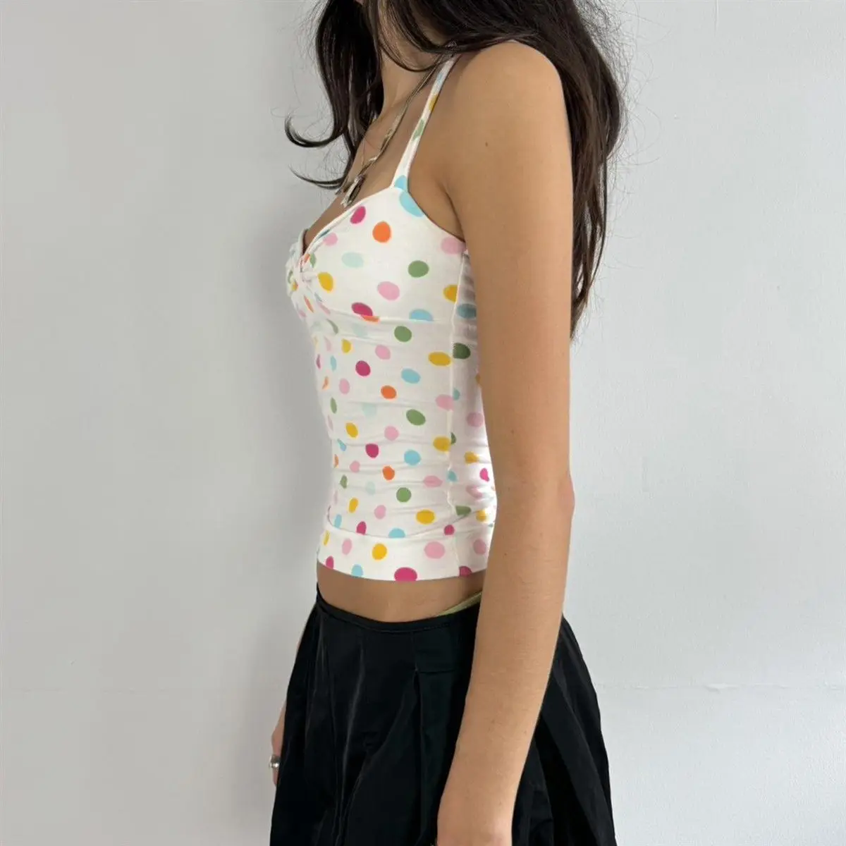 2026 American Sweet Spicy Polka Dot Print Sexy Hanging Neck Vest Women Summer Dopamine Vacation Short Crop Top