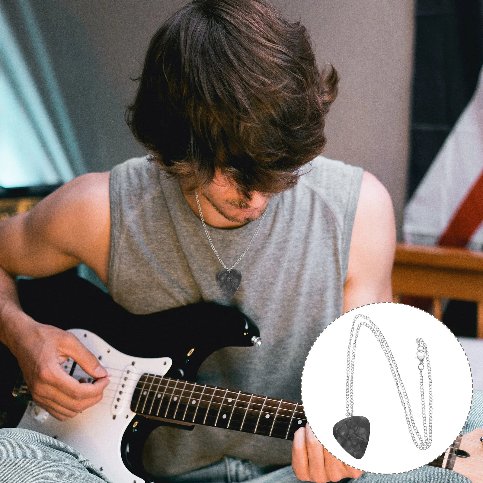 Necklace Pick Portable Bass Stainless Steel Guitar Chain Necklaces Sweater Black Rocker Musician Jewelry Miss