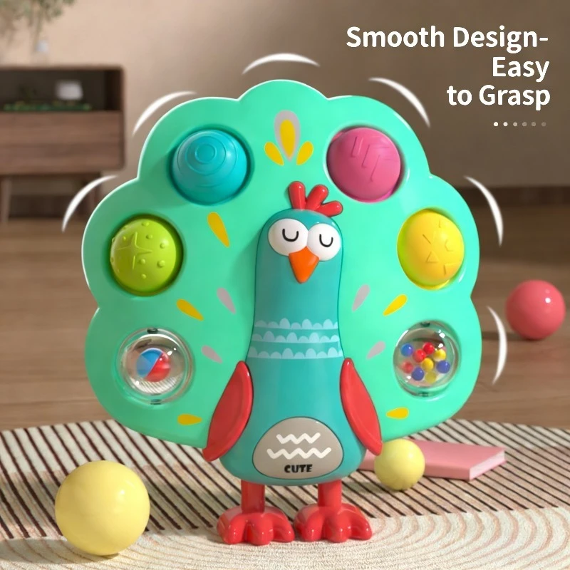 Baby Pfau Drückhand-Griffbrett Musikring-Spielzeug Vorschul-Puzzle Fingertrainingsspielzeug Spaßiger Stressabbau-Ball aus Sicherheitsmaterial
