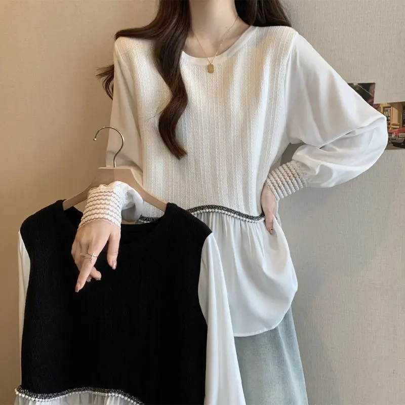 

Women's Clothing Loose O-Neck Shirt Casual Knitted Patchwork Spring Autumn Fake Two Pieces Long Sleeve Stylish Beading Blouse