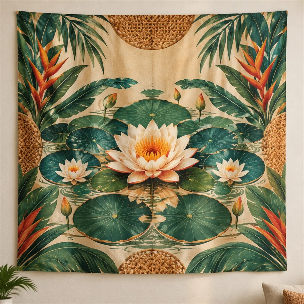 VIKAMA Water Lily Pond Center Panel Tapestry Wall Hanging, Tropical Wall Decor Tapestries for Bedroom Living Room Study Dorm