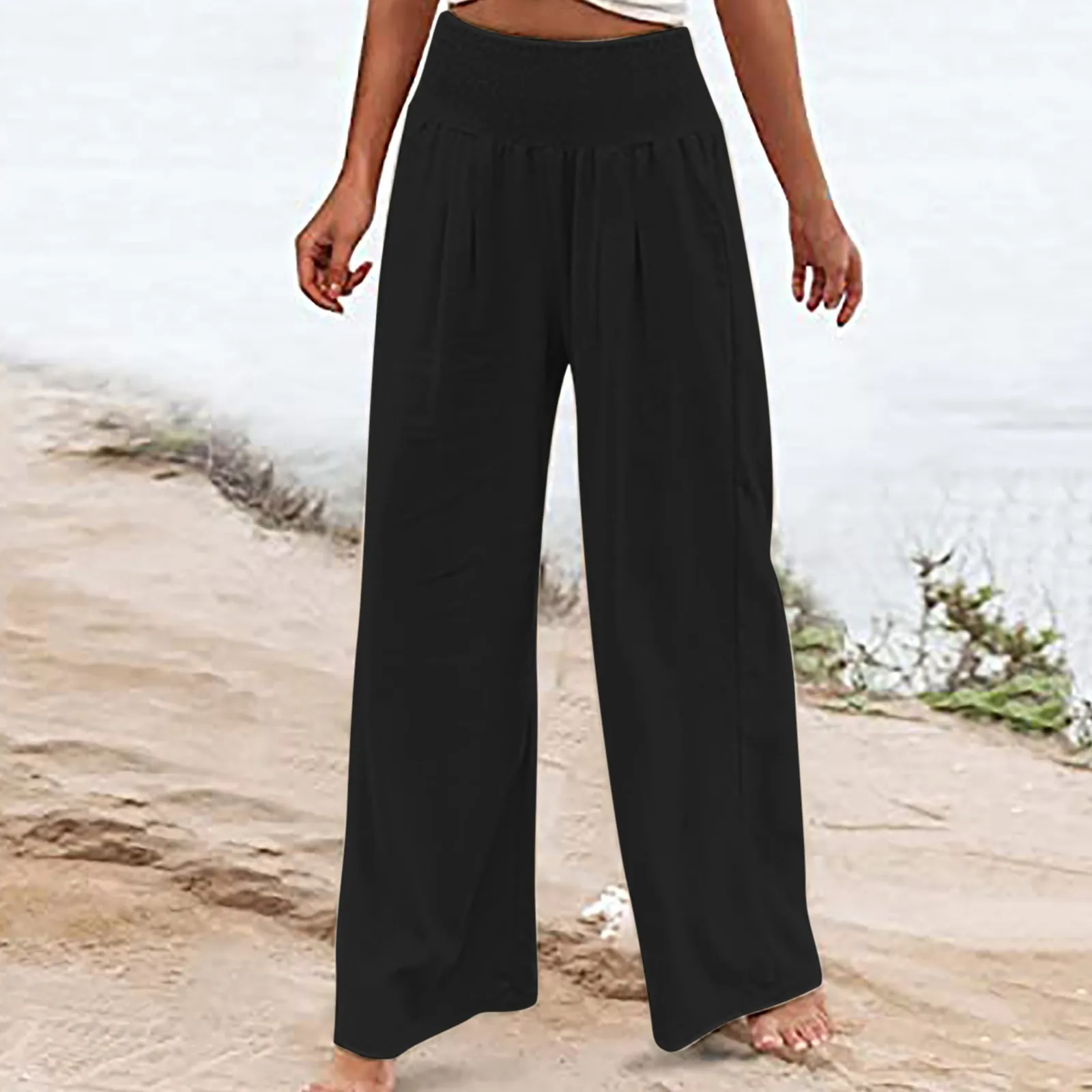 Autumn Summer Cotton Linen Style Women Loose Long Trousers Leisure Solid High Waist Ruched Beach Wide Leg Pants With Pocket