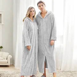 Long Hooded Zipper Bathrobe For Lovers Flannel Fleece Robes Winter Warm Housecoat Nightgown Family Christmas Pajama Pants