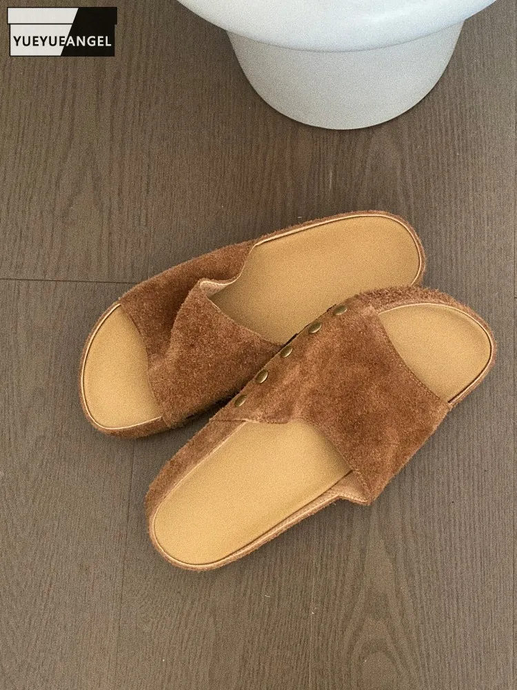 Outside Elegant Female Concise Handmade Cow Suede Leather Slippers Versatile Wearing Open Toe Flat Bottom Rivets Slip On Shoes