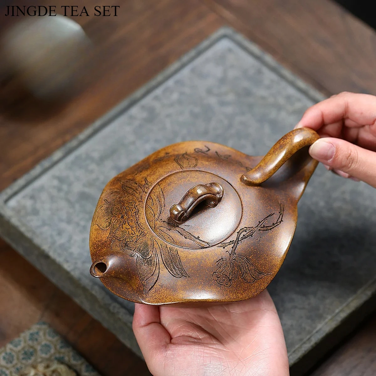 410ml Yixing Handmade Purple Clay Teapot, Original Ore, Longyao Wood Fired Lotus Leaf Teapot, Kung Fu Tea Set Teapot