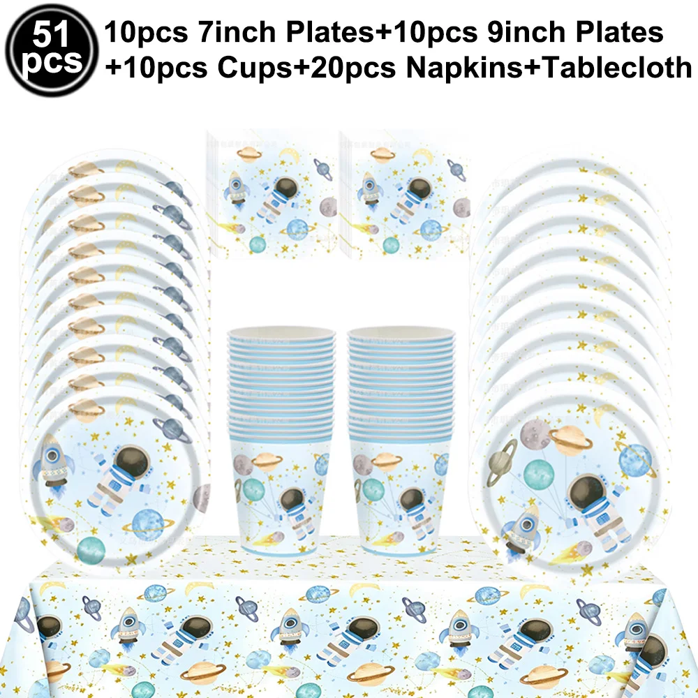 Blue Planet Astronaut Space Einweggeschirr Weltraum Geburtstagstischdecke Pappteller Tasse Serviette Astronaut Party Dekore – Detail 3