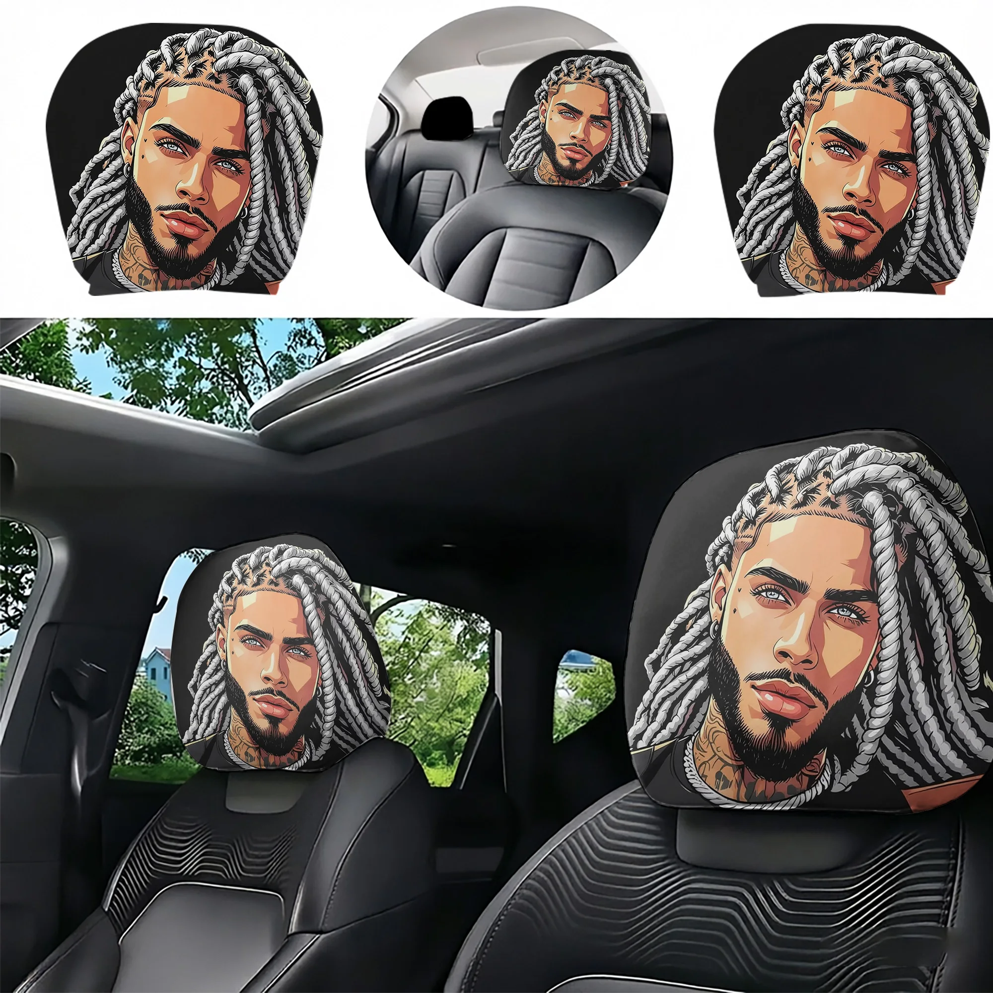 2pcs stylish men’s-themed car headrest covers, adding a unique atmosphere to your car’s interior. Does not include filling. Easy