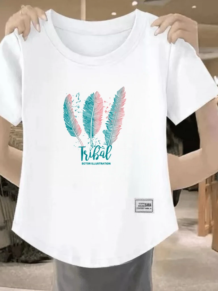 

Casual Style Women's Short Sleeve T-shirt round Neck Print Slimming Summer Top Fashionable Versatile Meat Concealing for Midd...