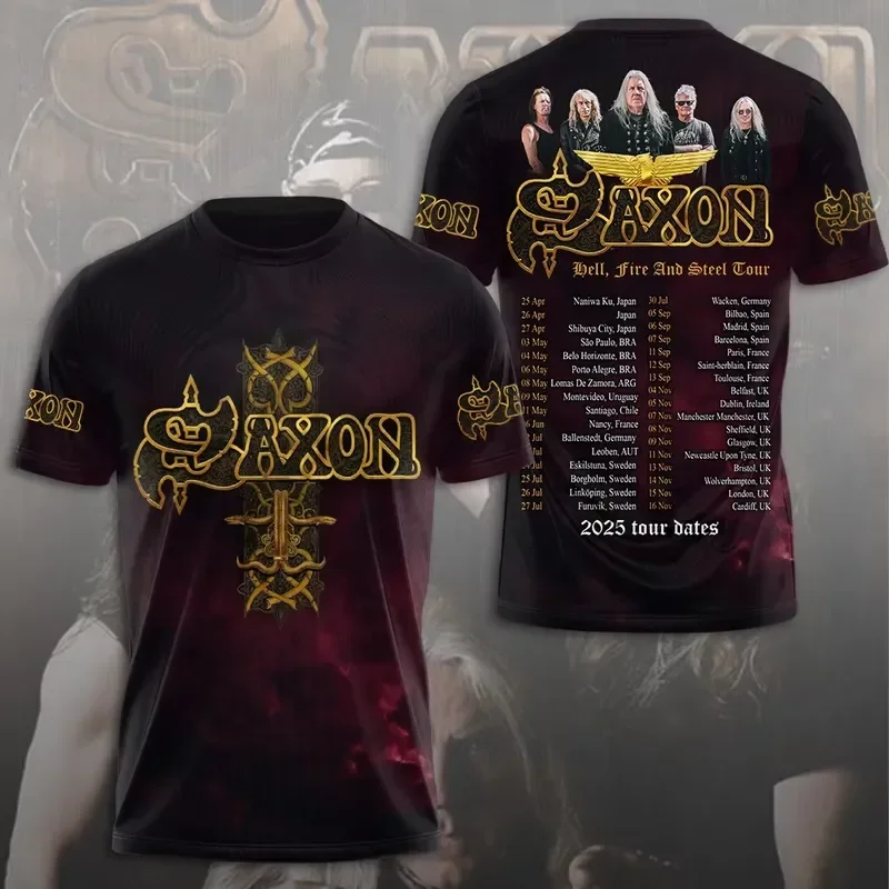 Camiseta Vintage Saxon com Estampa 3D de Banda, Masculina e Feminina, Estilo Hip Hop, Manga Curta, Moda Streetwear, Gola O, Blusa Casual de Algodão