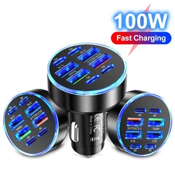 100W 8 Port USB Car Charger Fast Charging Car Phone Charger For iPhone Samsung Xiaomi Huawei USB C Car Cigarette Lighter Adapter