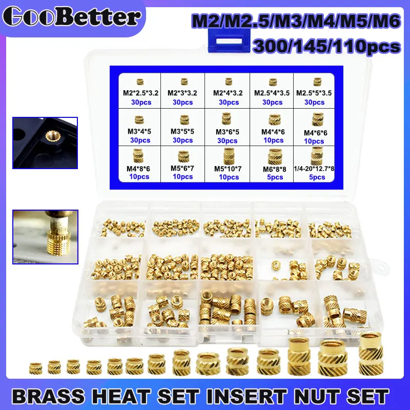 

300Pcs Brass Heat Insert Nut Set M2 M2.5 M3 M4 M5 M6 Hot Melt Knurled Thread For 3D Print Embedment Copper Nuts Assortment Kit