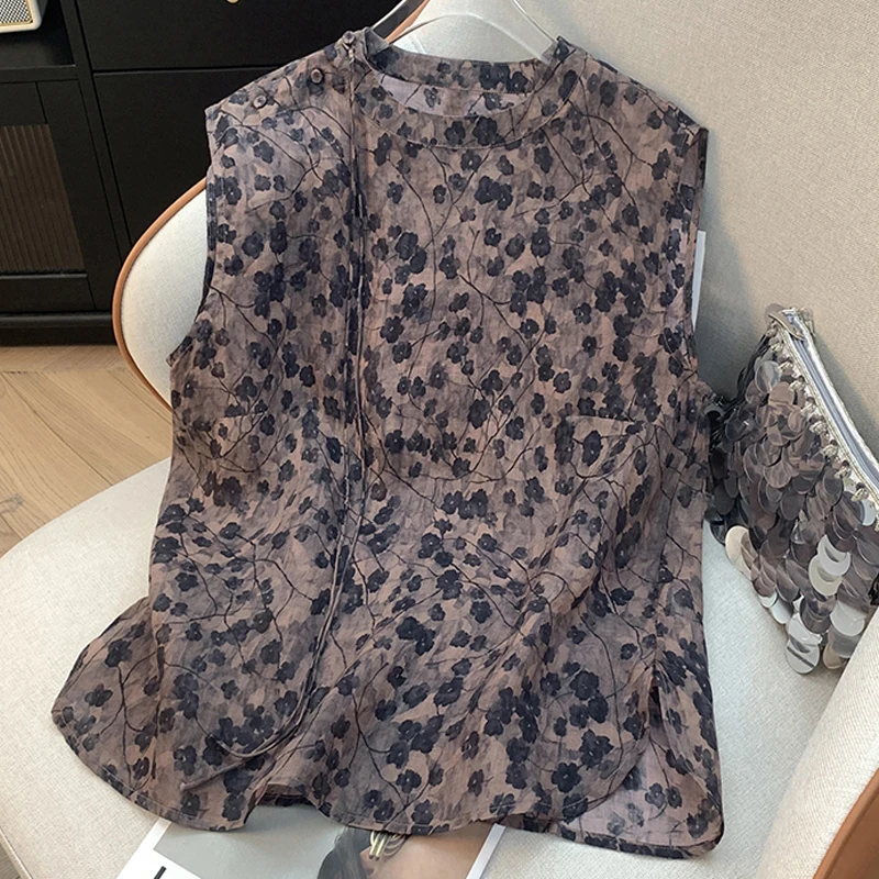 

Новый китайский жилет с воротником-стойкой и принтом, женский художественный тонкий топ, футболка, летний сезон, обычная длина, Svel