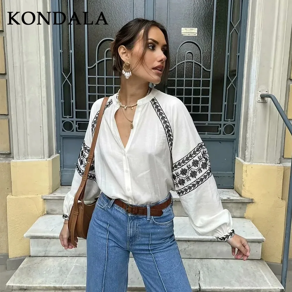 

KONDALA 2025 Spring Summer Casual Women Shirts Fashion Vintage Embroidery Lightweight O Neck Loose Streetwear Women Shirts