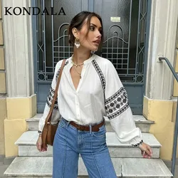 KONDALA 2026 Spring Summer Casual Women Shirts Fashion Vintage Embroidery Lightweight O Neck Loose Streetwear Women Shirts