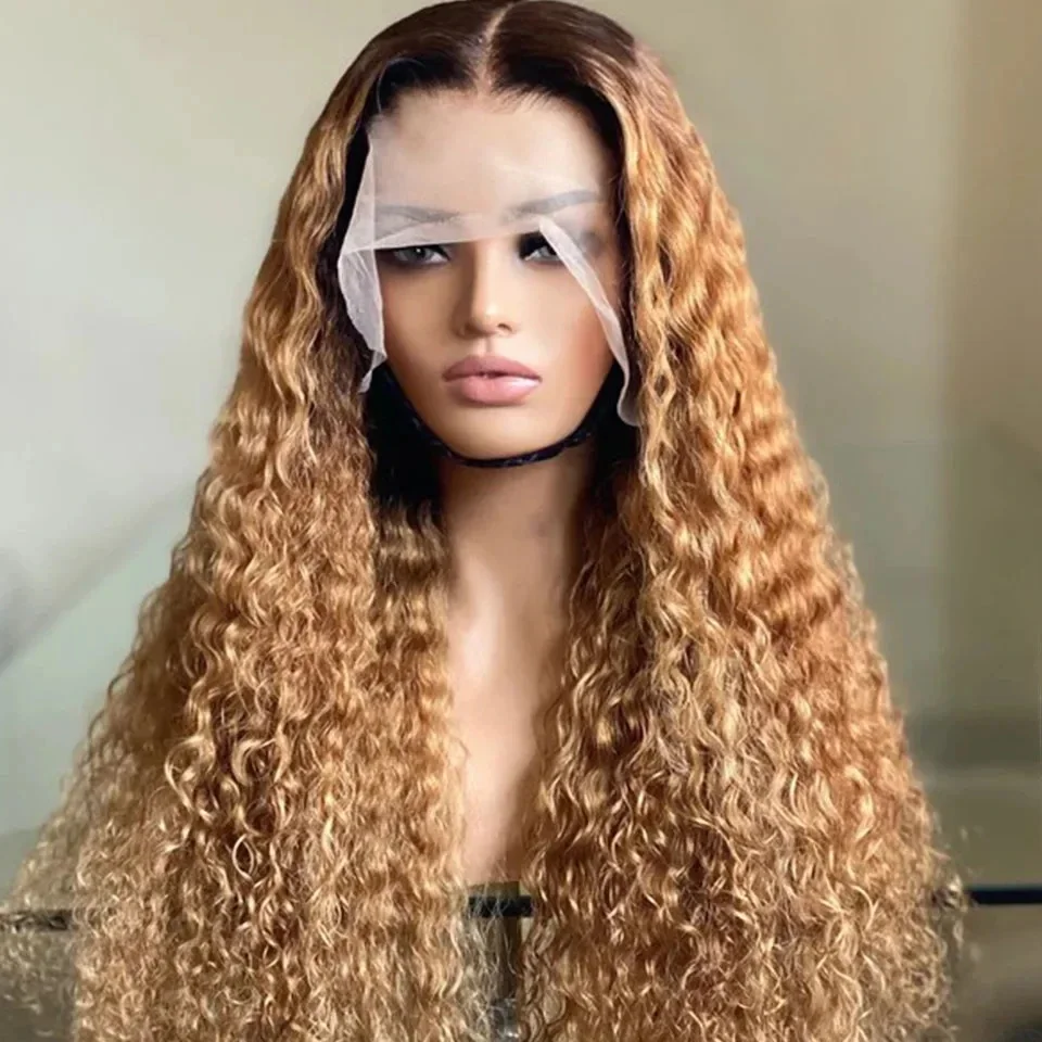 

Long Ombre Blond Kinky Curly Middle 26Inch 180%Density Lace Front Wig For Women With Baby Hair Heat Resistant Glueless Daily Wig