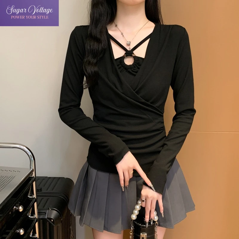 

Осенние вязаные топы Y2K, женские облегающие пуловеры с длинными рукавами, американская ретро-мода, искусственная рубашка из двух предметов, элегантная эластичная блузка