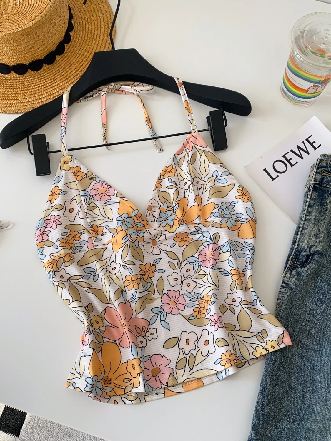 Sexy Floral Print ter Ne Crop Top Women's Summer Slimming Bal Vest Trendy Commute Sle Polyester Fiber V-ne