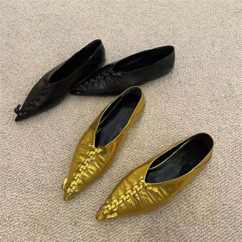 Designer Luxury Woven Leather Shoes High Quality Women Shoes Pointed Toe Shallow Ballet Flats Black Gold Soft Sole Casual Lofers