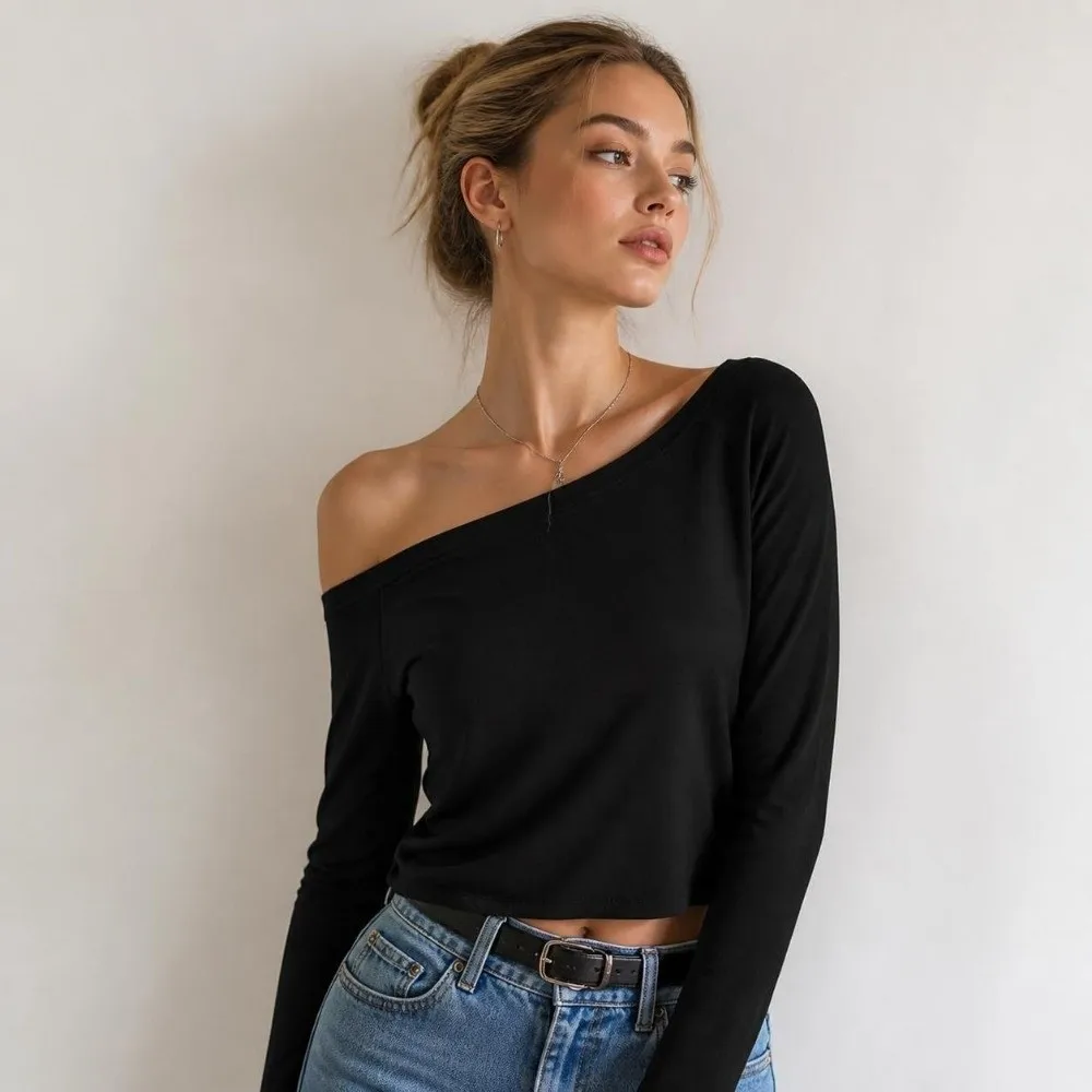 Lässiges Herbst-Winter-Oberteil mit einer Schulter, langen Ärmeln, einfarbig, schulterfreies T-Shirt, Oversize-Basis-T-Shirt für Jugendliche – Detail 5