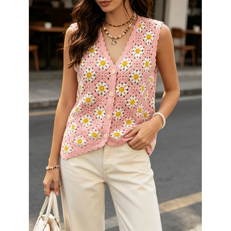 

Women Daisy Floral Crochet Vest V Neck Button Down Sleeveless Hollow Knit Boho Casual Layering