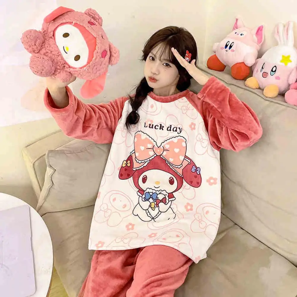 أنيمي كورومي بلدي ميلودي أفخم بيجامة مجموعة الكرتون Usagi المرجان المخملية النساء ملابس خاصة لطيف الشتاء الدافئ Homewear الفتيات بلايز السراويل