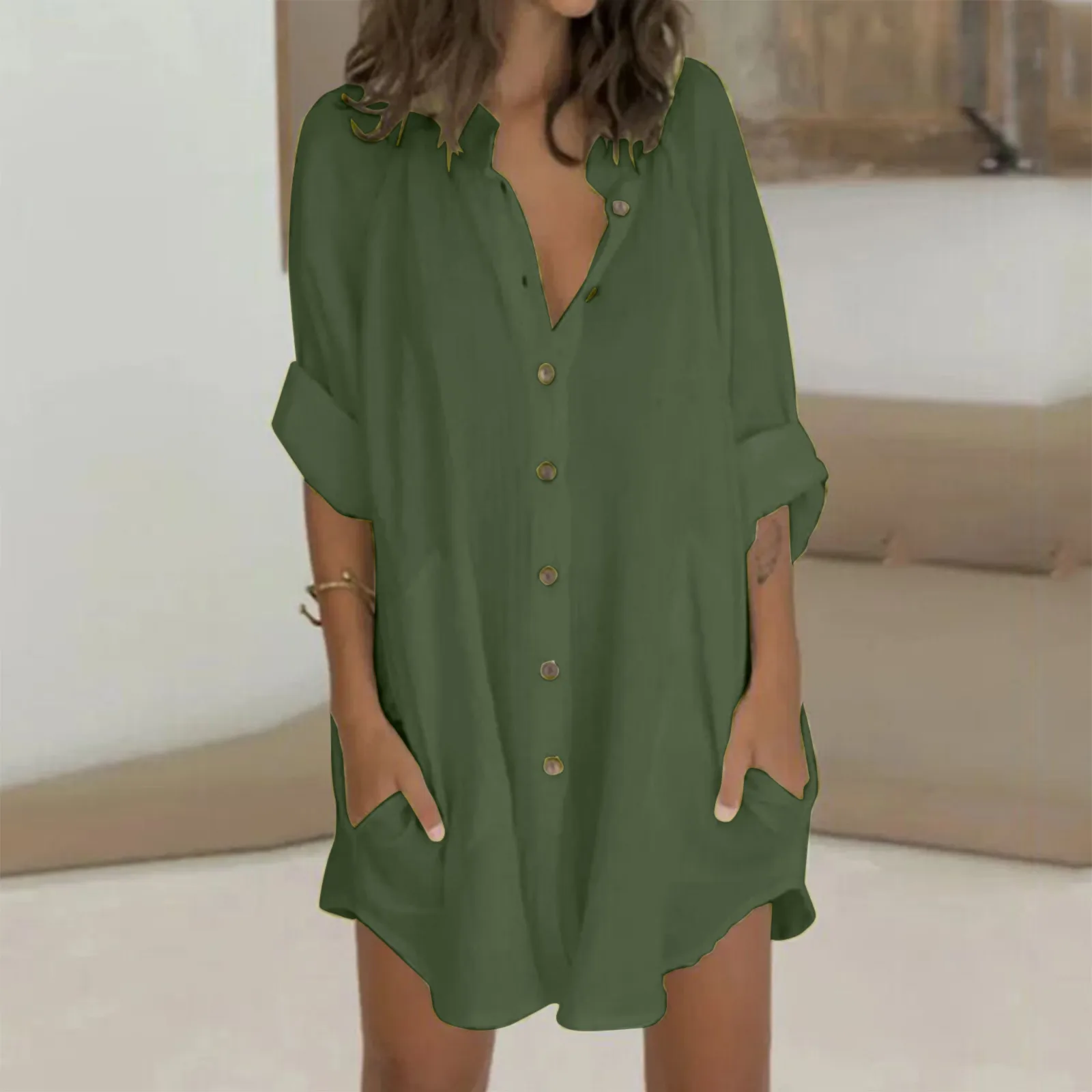 Women's Single Breasted Irregular Stand Collar Raglan Sleeve Dress With Pocket Long Sleeve Loose Casual Ladies Short Shirt Dress