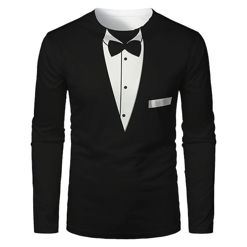 

Realistic Suit Tuxedo Print T Shirt For Men Fashion Cotton Long Sleeve T-shirts Casual O-neck Loose Pullover Autumn Men Clothing