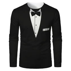 Realistic Suit Tuxedo Print T Shirt For Men Fashion Cotton Long Sleeve T-shirts Casual O-neck Loose Pullover Autumn Men Clothing