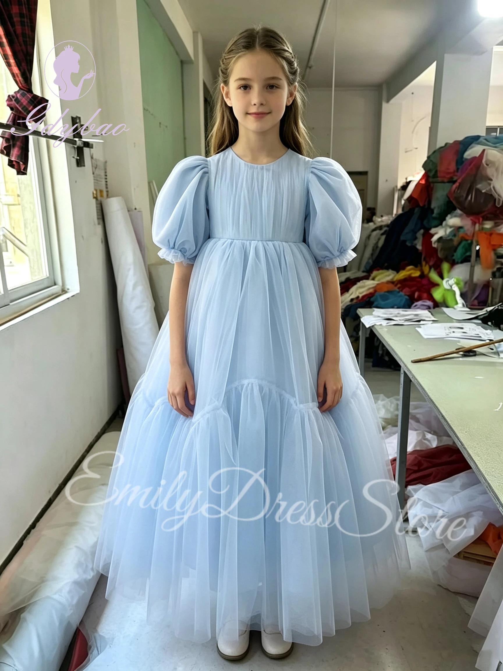 Customized Sky Blue Flower Girl Dress For Wedding Tulle O-neck High Waist Elegant Kids Birthday Party First Communion Gown