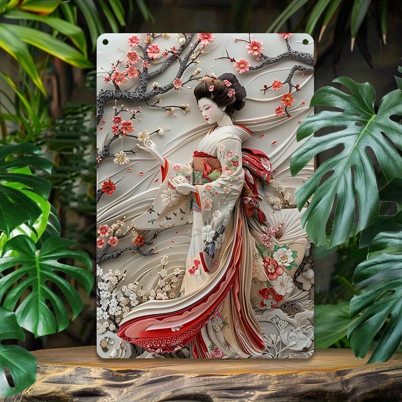 

Japanese Geisha Aluminum Wall Art, 3D Embossed Metal Sign, Vintage Style Decor for Living Room, Decorative Wall Poster