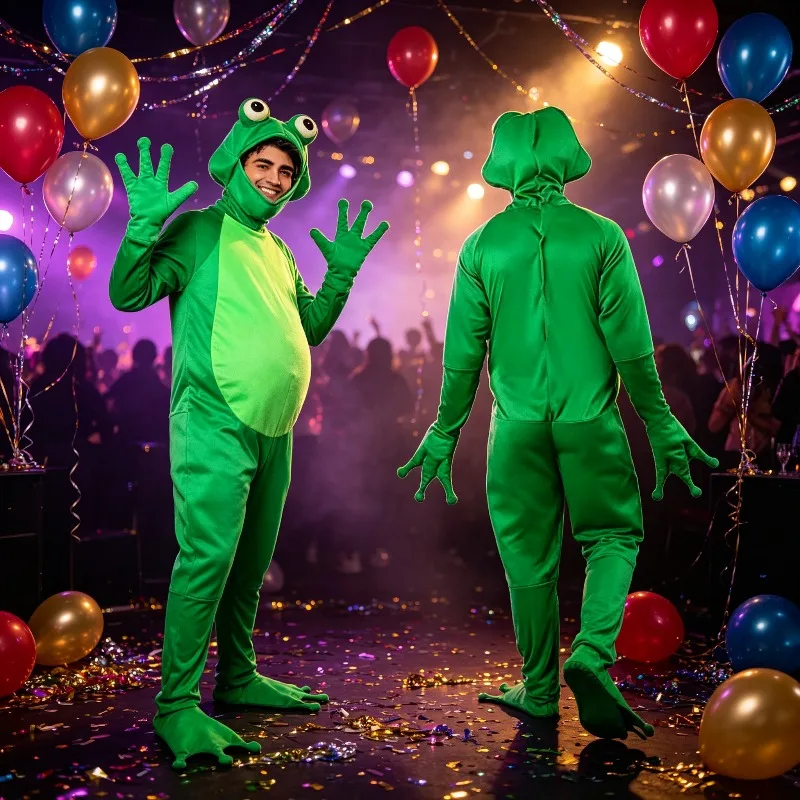 Green Animal Frog Prince Costume for Adults Hooded Outfit with Webbed Feet Accessories Ideal for Halloween and Carnival Dress Up